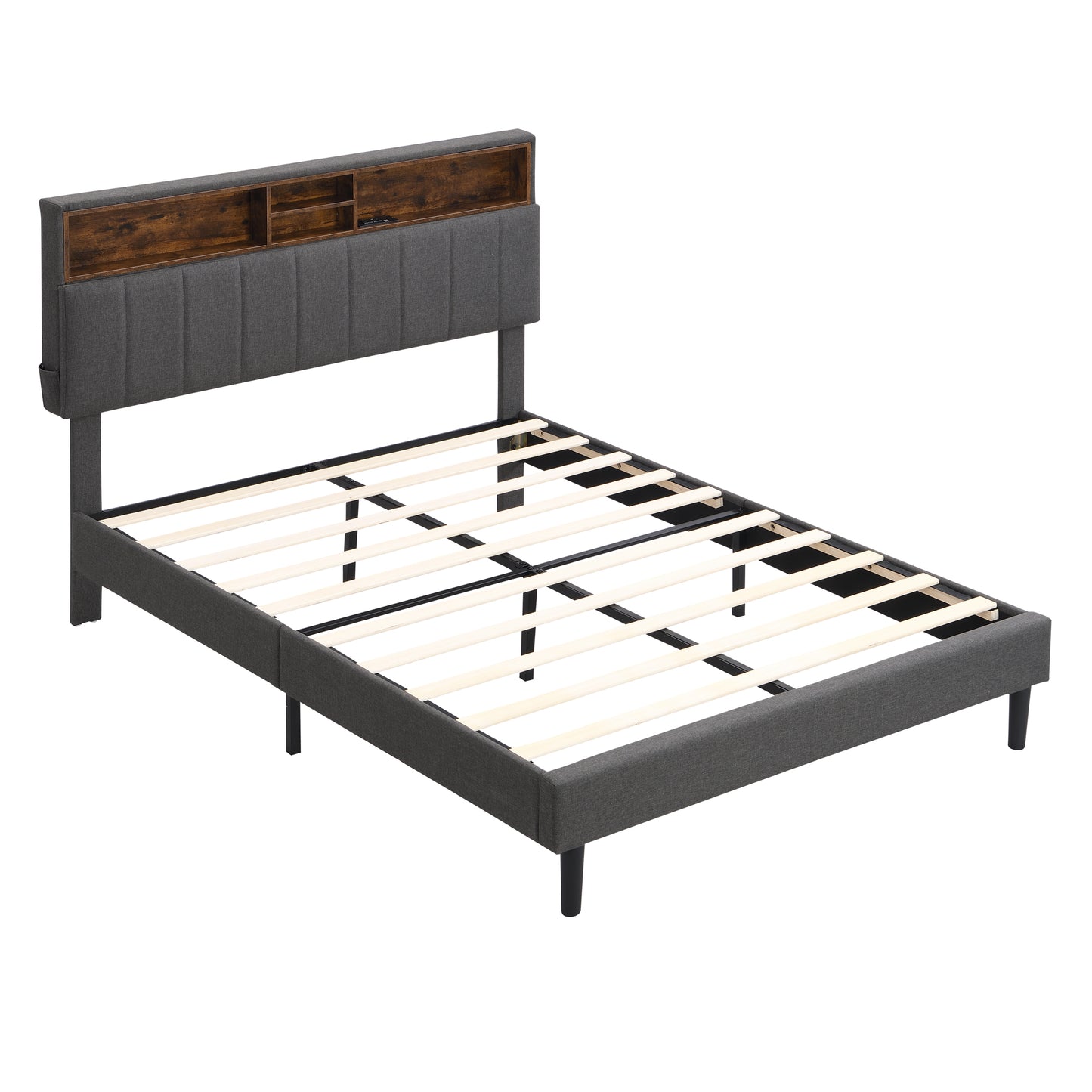 Cama de plataforma tapizada de tamaño completo con cabecera de almacenamiento (con puertos USB)