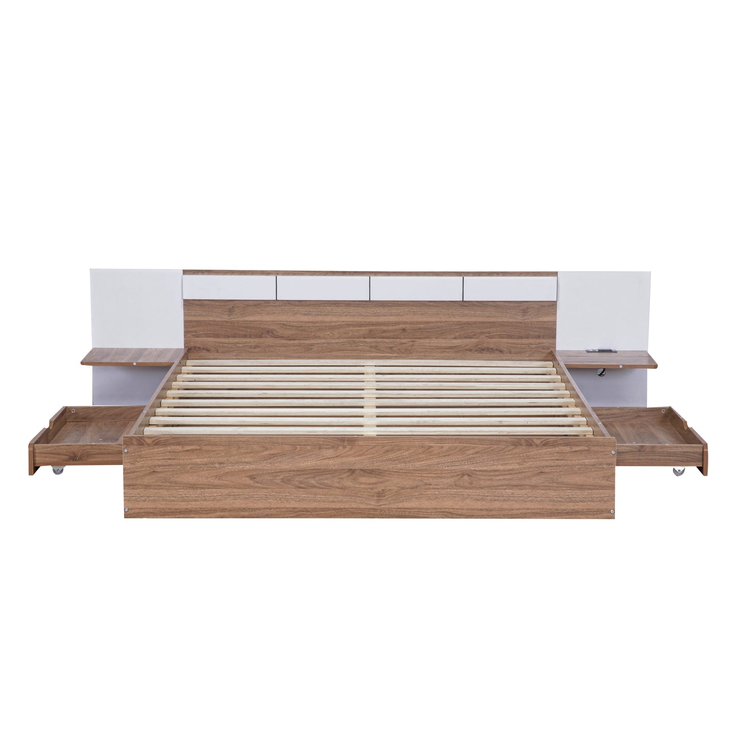 Cama Queen Size con plataforma, cabecero, cajones, estantes, puertos USB y enchufes, color natural