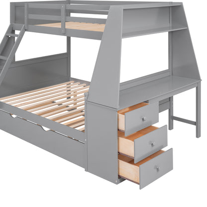 Double bed over full bunk bed with built-in tronde and desk, three storage drawers.