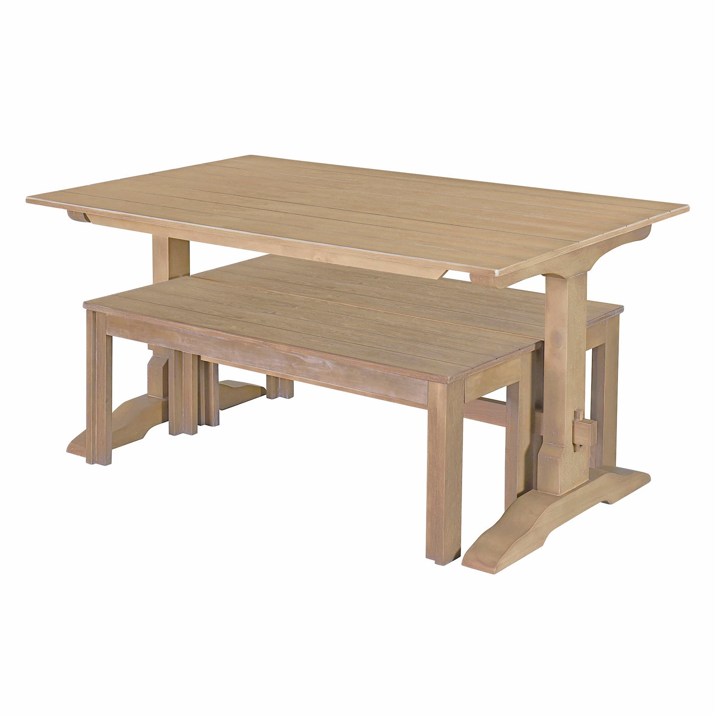 Retro Dining Table Set with Bench (3 Pieces), Rectangular Table and 2 Wooden Stools (Natural Wood)