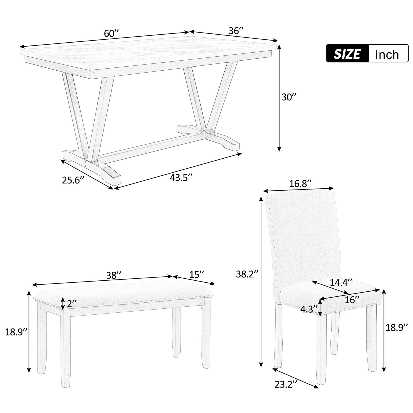 Juego de mesa de comedor de estilo moderno con 4 sillas y 1 banco (6 piezas)