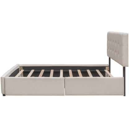 Upholstered Platform Bed with 2 Drawers and 1 Trundle Bed Single XL in Queen Size Linen Fabric - Dark Beige