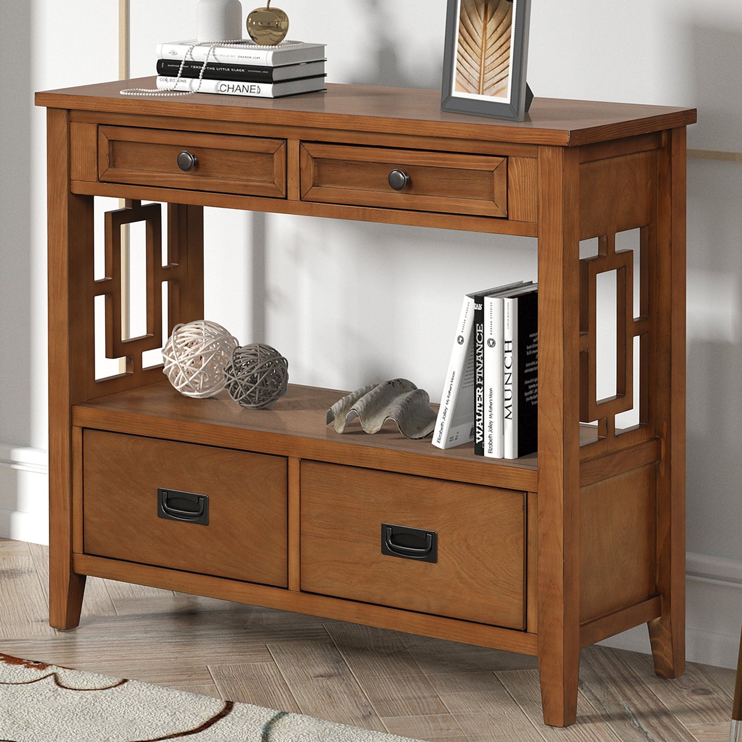 Pine wood entryway console table with 4 drawers