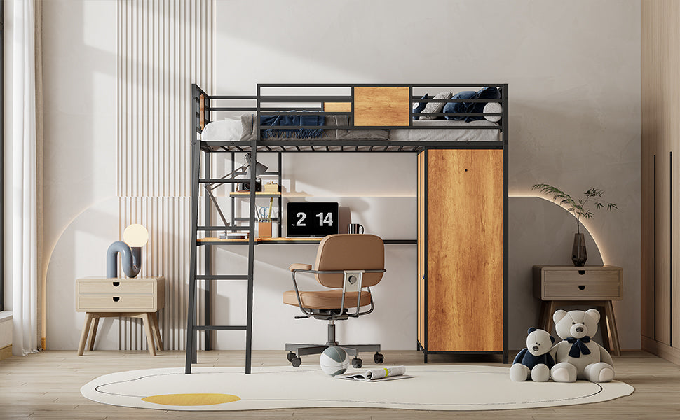 Lit double loft avec bureau en forme de L et garde-robe, noir