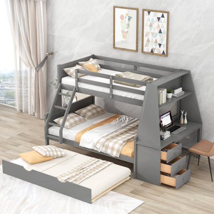 Double bed over full bunk bed with built-in tronde and desk, three storage drawers.