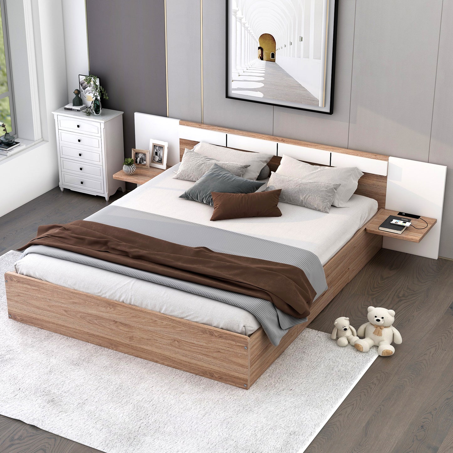 Cama Queen Size con plataforma, cabecero, cajones, estantes, puertos USB y enchufes, color natural