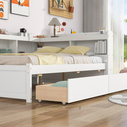 Complete bed with L-shaped bookcases, drawers, white