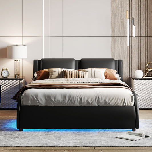 Queen Size Upholstered Platform Bed with LED Lighted Bed Frame.