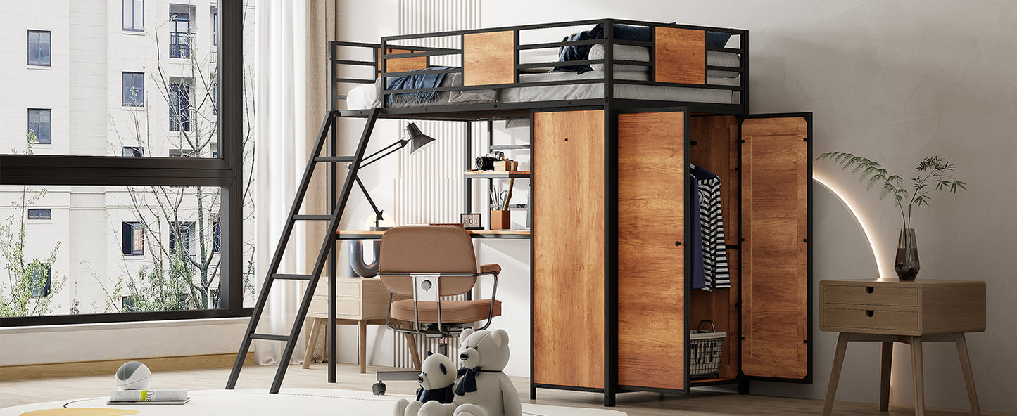 Lit double loft avec bureau en forme de L et garde-robe, noir