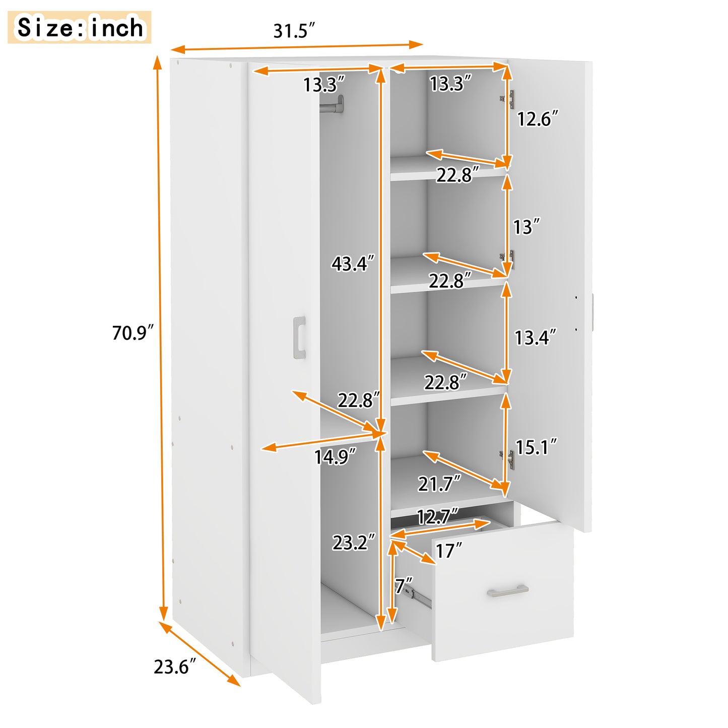 Wooden cabinet with double doors. (5 fixed shelves).