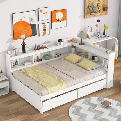 Complete bed with L-shaped bookcases, drawers, white