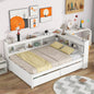 Cama completa con librerías en L, cajones, color blanco.