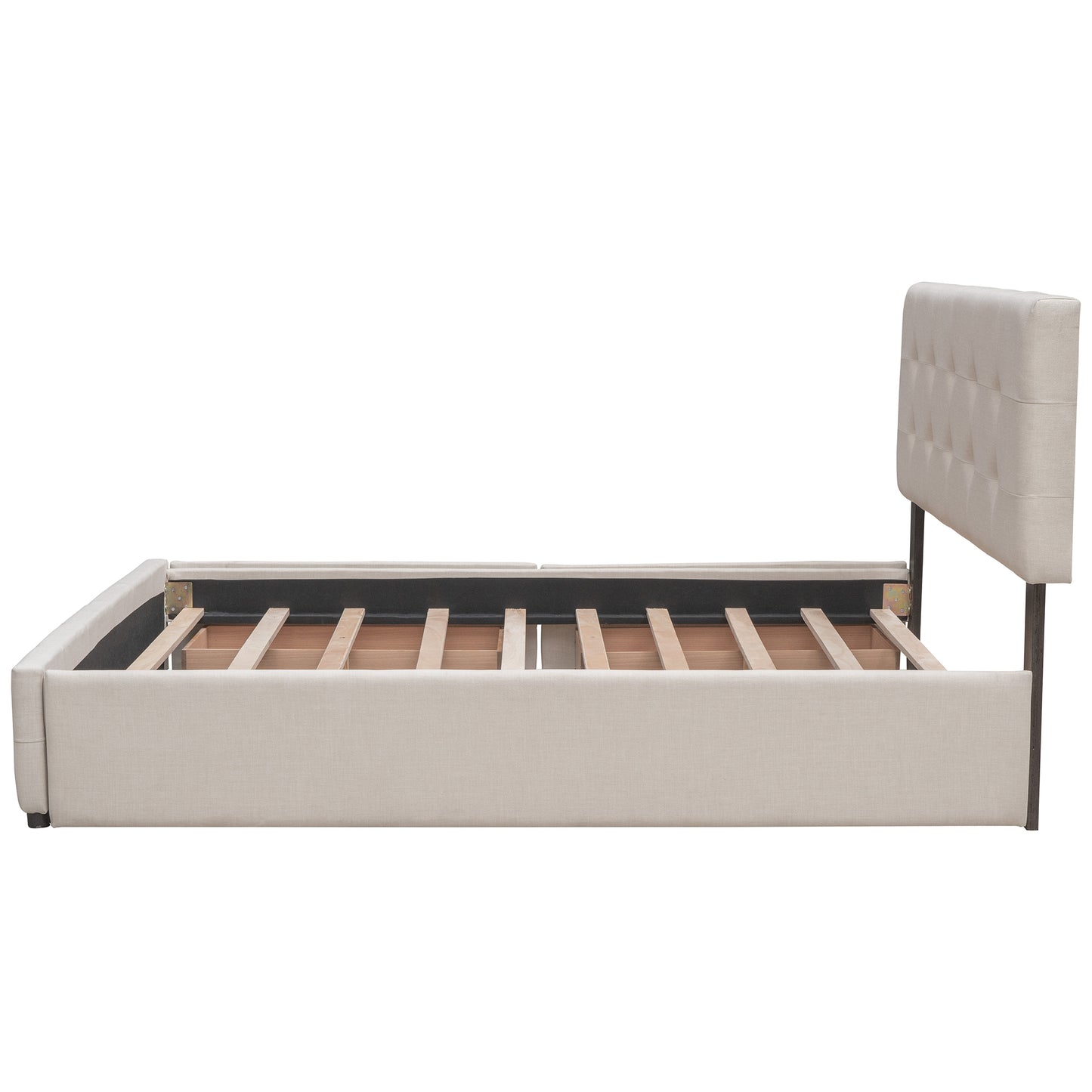 Upholstered Platform Bed with 2 Drawers and 1 Trundle Bed Single XL in Queen Size Linen Fabric - Dark Beige