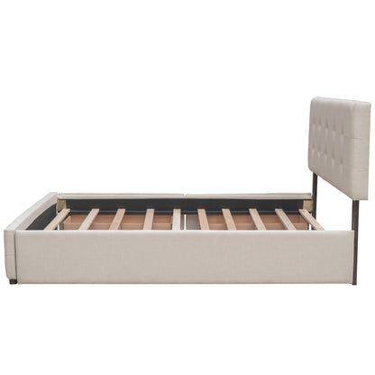 Upholstered Platform Bed with 2 Drawers and 1 Trundle Bed Single XL in Queen Size Linen Fabric - Dark Beige