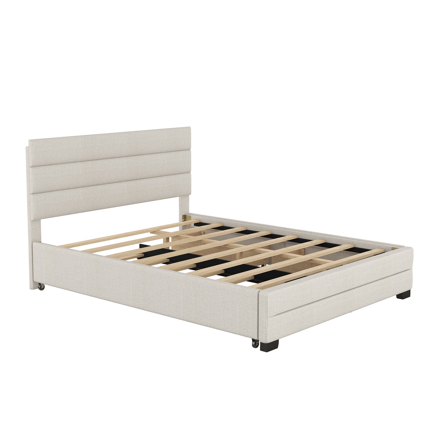 Cama Queen tapizada con plataforma, cama nido doble y dos cajones en color beige