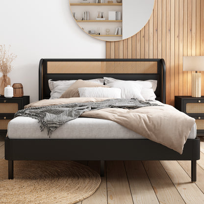 Moderna cama tamaño queen con plataforma de madera de ratán color negro