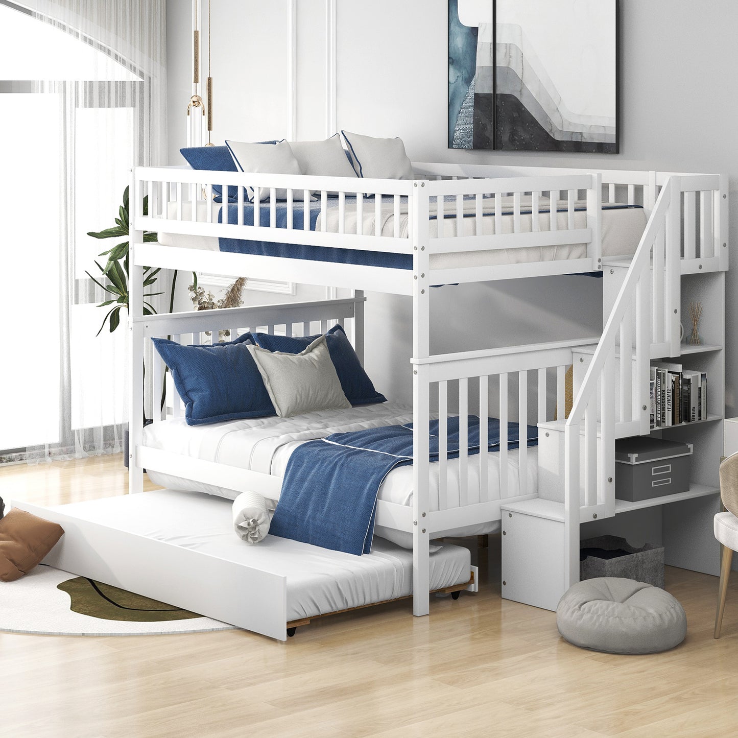 Full bed with trundle bed and white staircase