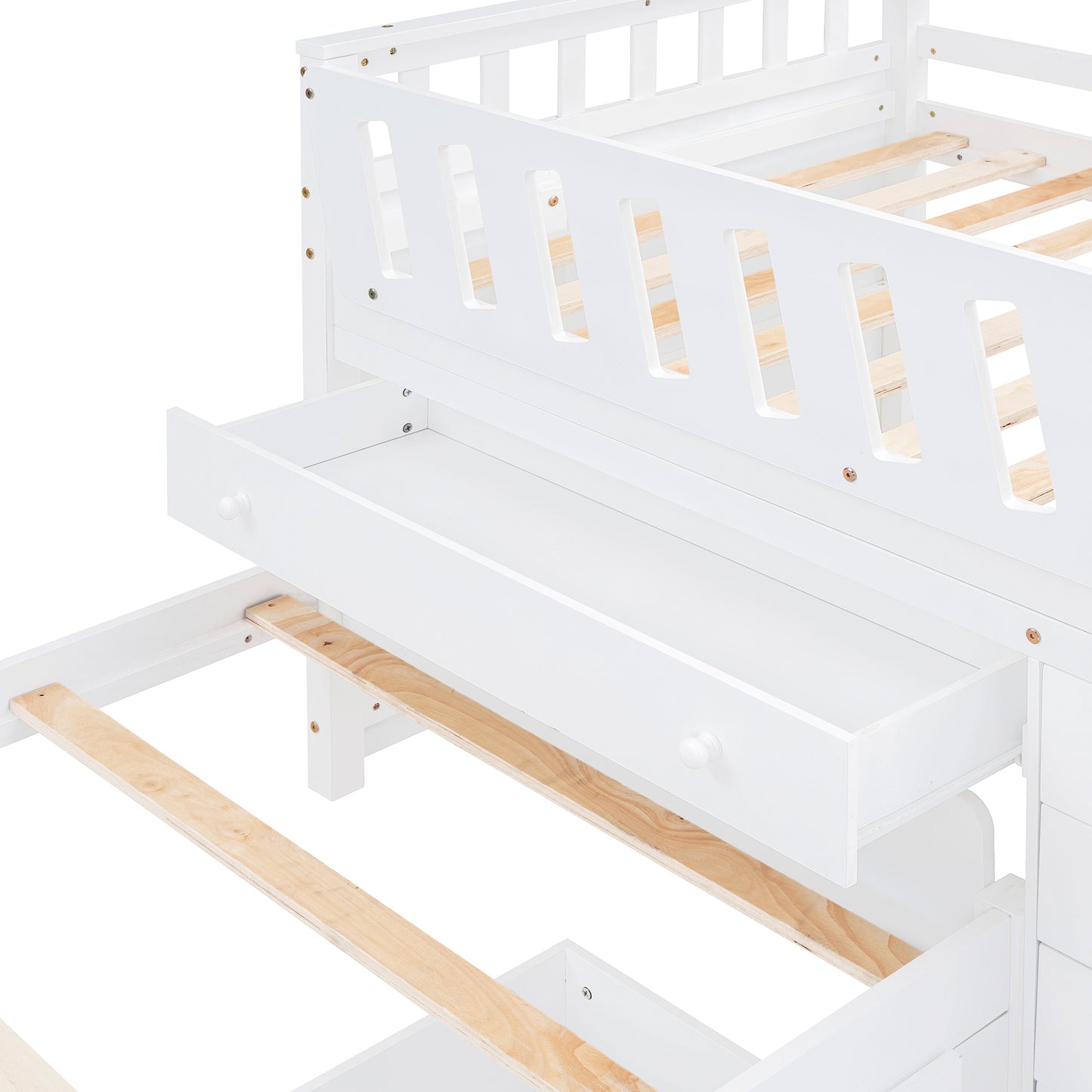 L-shaped double loft bed with 7 drawers and full guardrails.