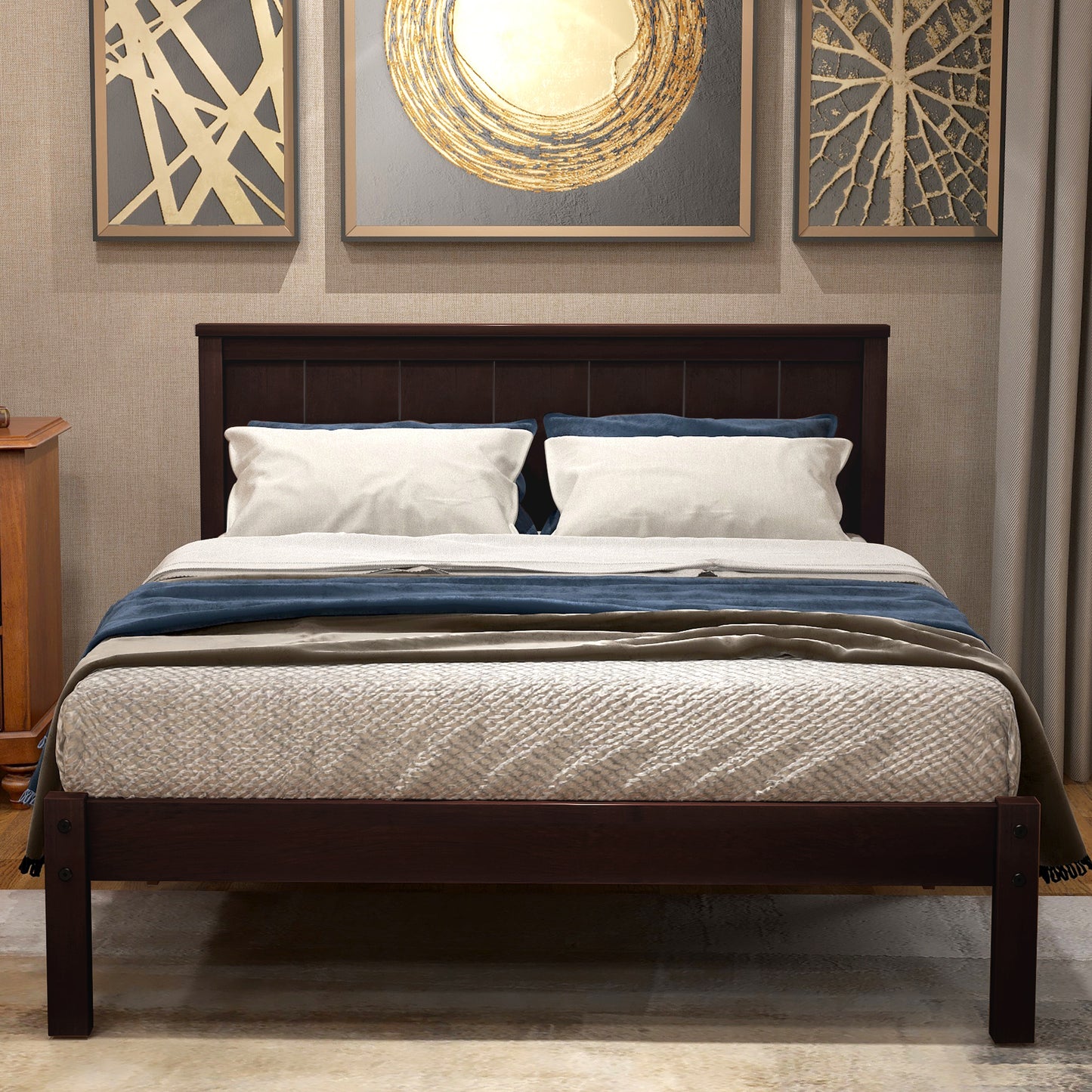 Platform bed frame with headboard.