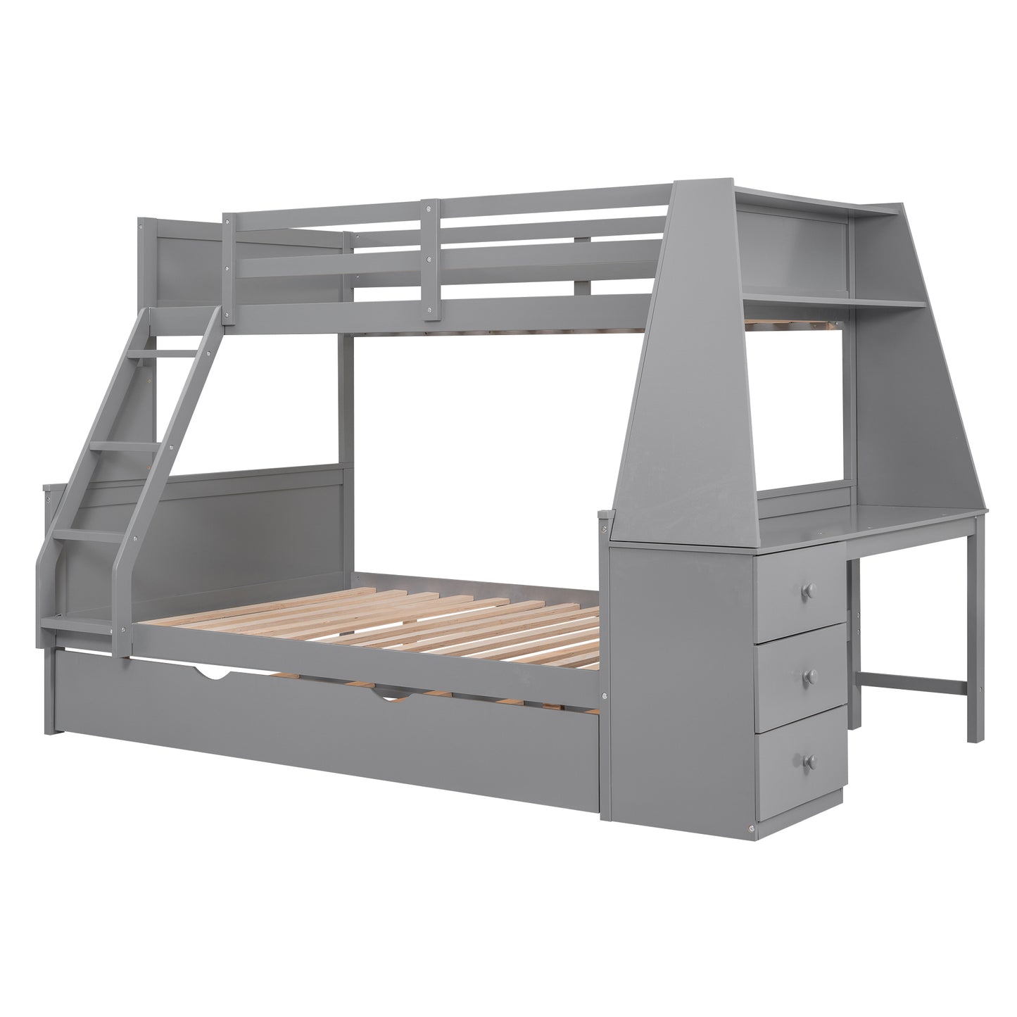 Double bed over full bunk bed with built-in tronde and desk, three storage drawers.