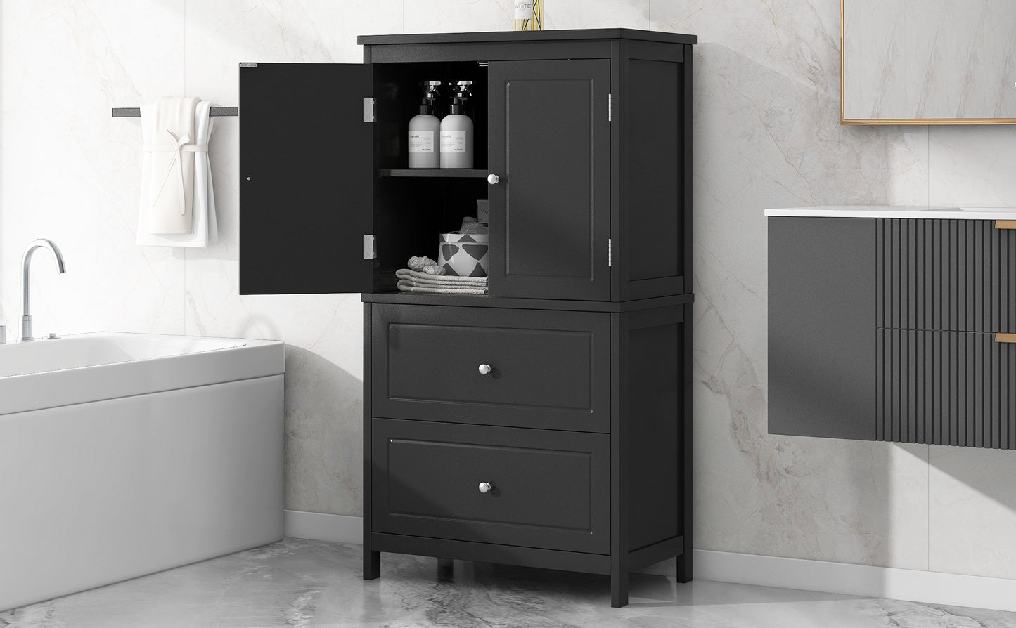 Mueble de baño almacenaje, mueble con dos puertas y cajones, balda regulable.