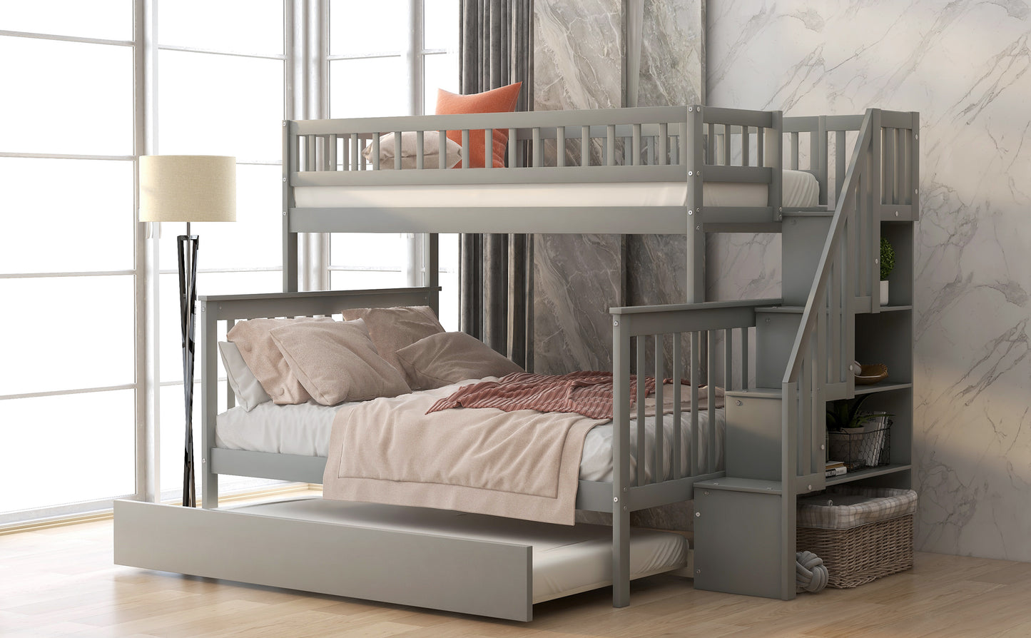 Bunk Bed with Trundle and Staircase Gray