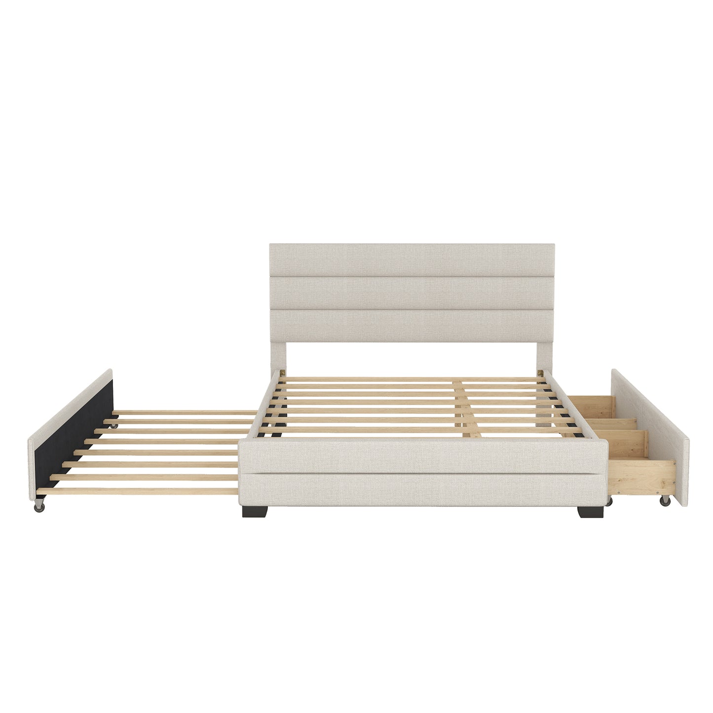 Cama Queen tapizada con plataforma, cama nido doble y dos cajones en color beige