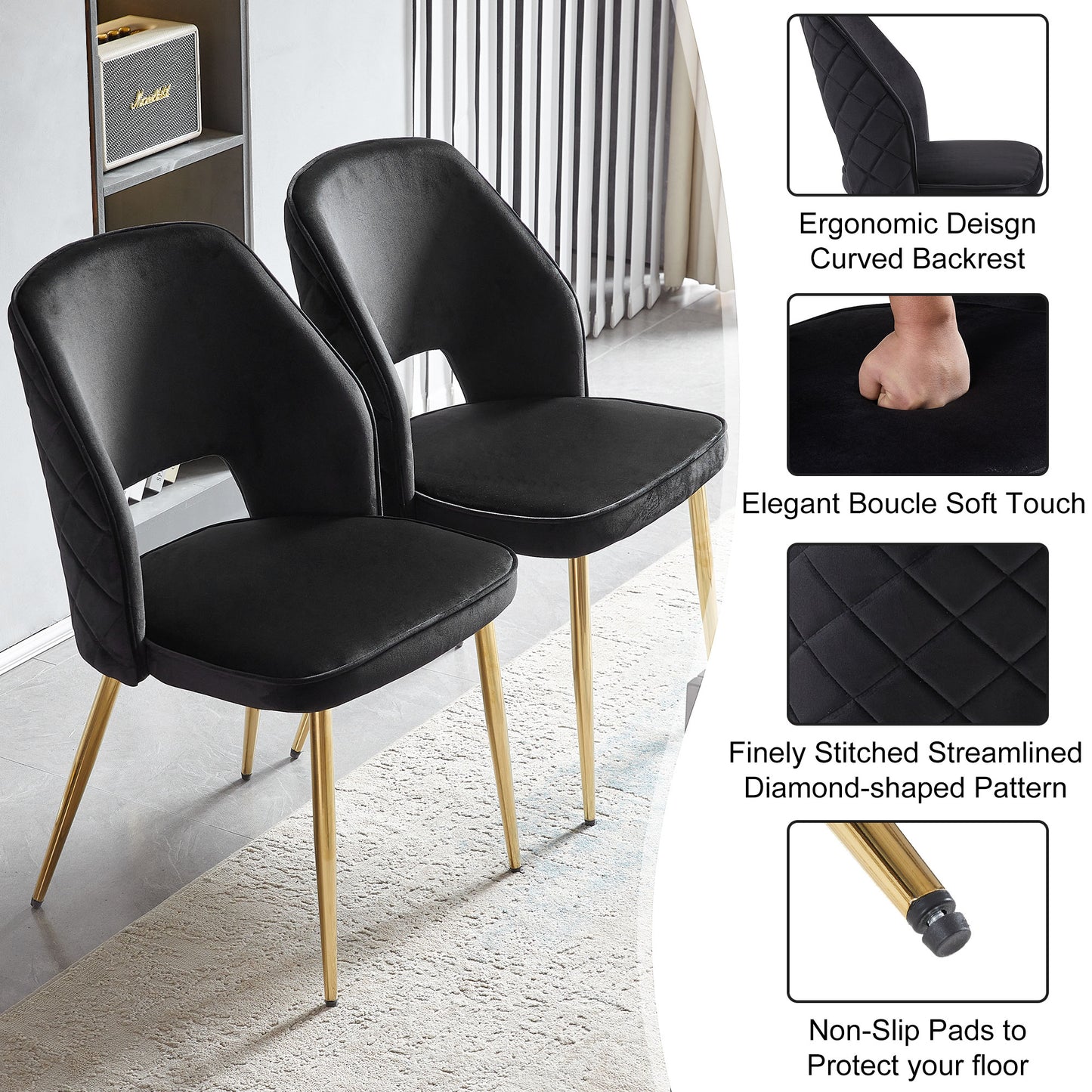 Black Velvet Dining Chairs with Metal Legs.(Set of 4)