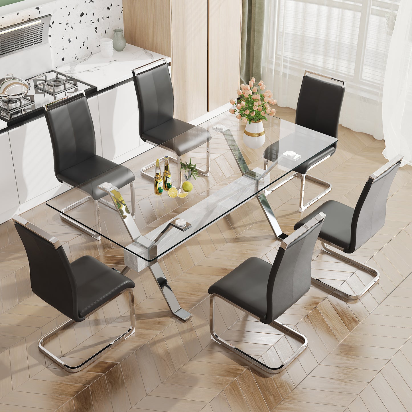 Modern Tempered Glass Dining Table 79"x39"x30" 1105