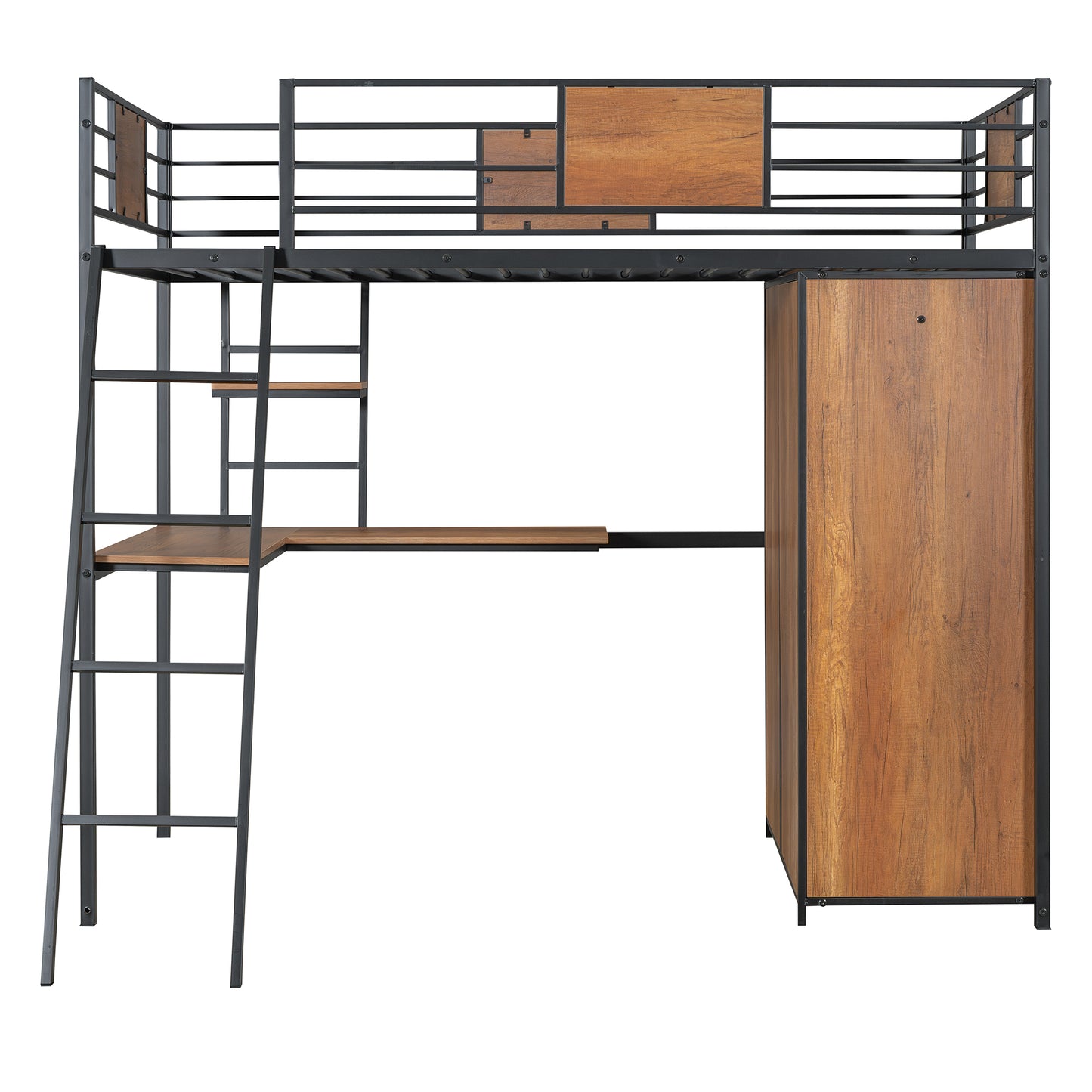 Lit double loft avec bureau en forme de L et garde-robe, noir