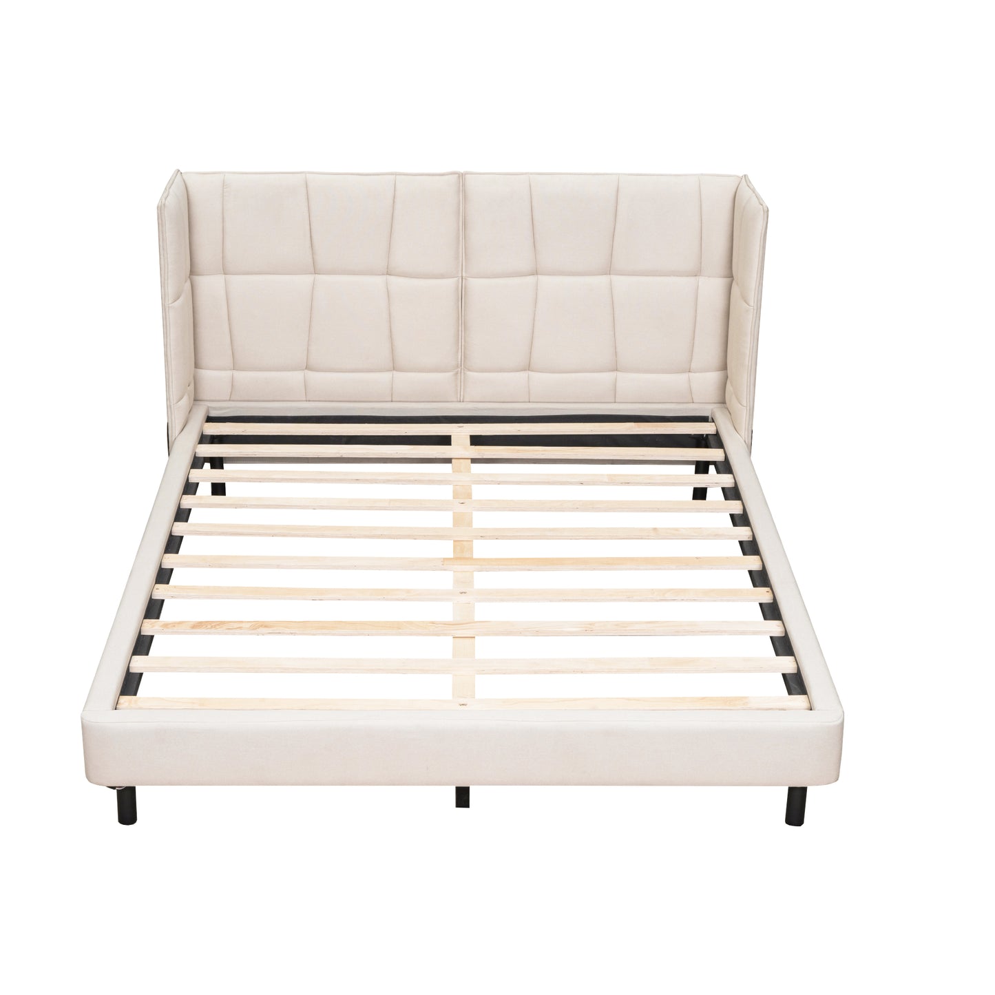 Cama Queen Size con plataforma tapizada, luces LED y cabecero en forma de U, tela de lino, color beige