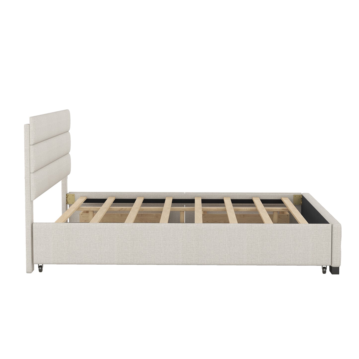 Cama Queen tapizada con plataforma, cama nido doble y dos cajones en color beige