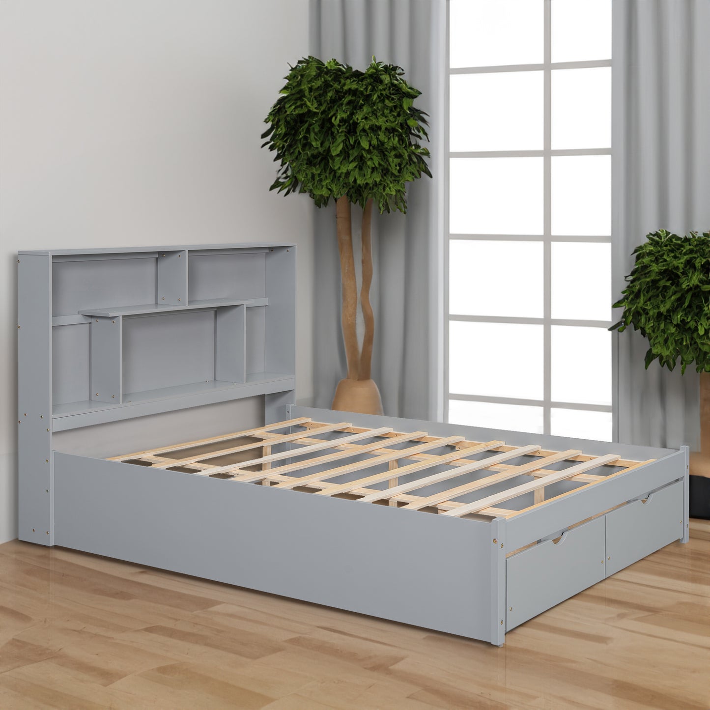 Queen Size Platform Bed with Storage Headboard and 2 Drawers