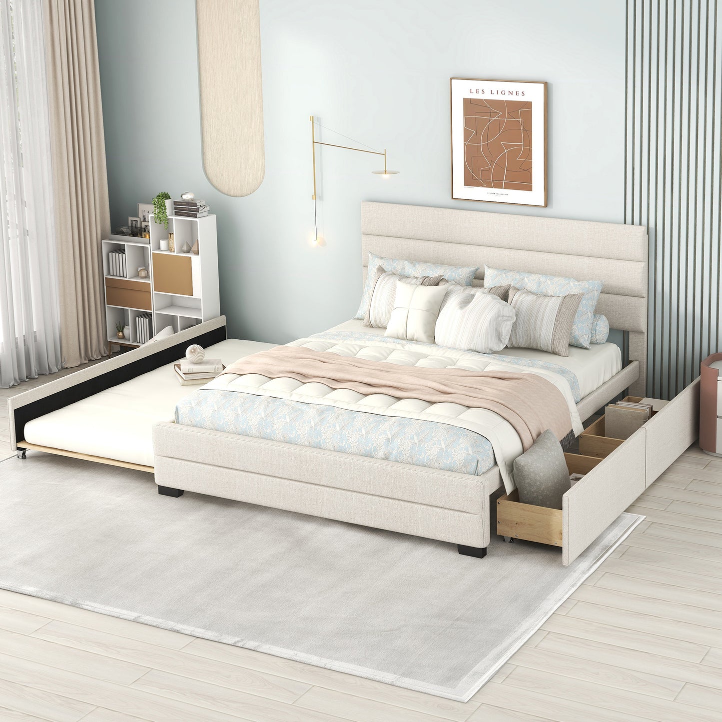 Queen Upholstered Platform Bed with Twin Trundle and Two Drawers Beige