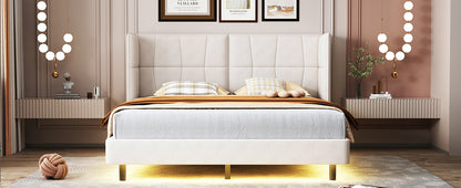 Cama Queen Size con plataforma tapizada, luces LED y cabecero en forma de U, tela de lino, color beige