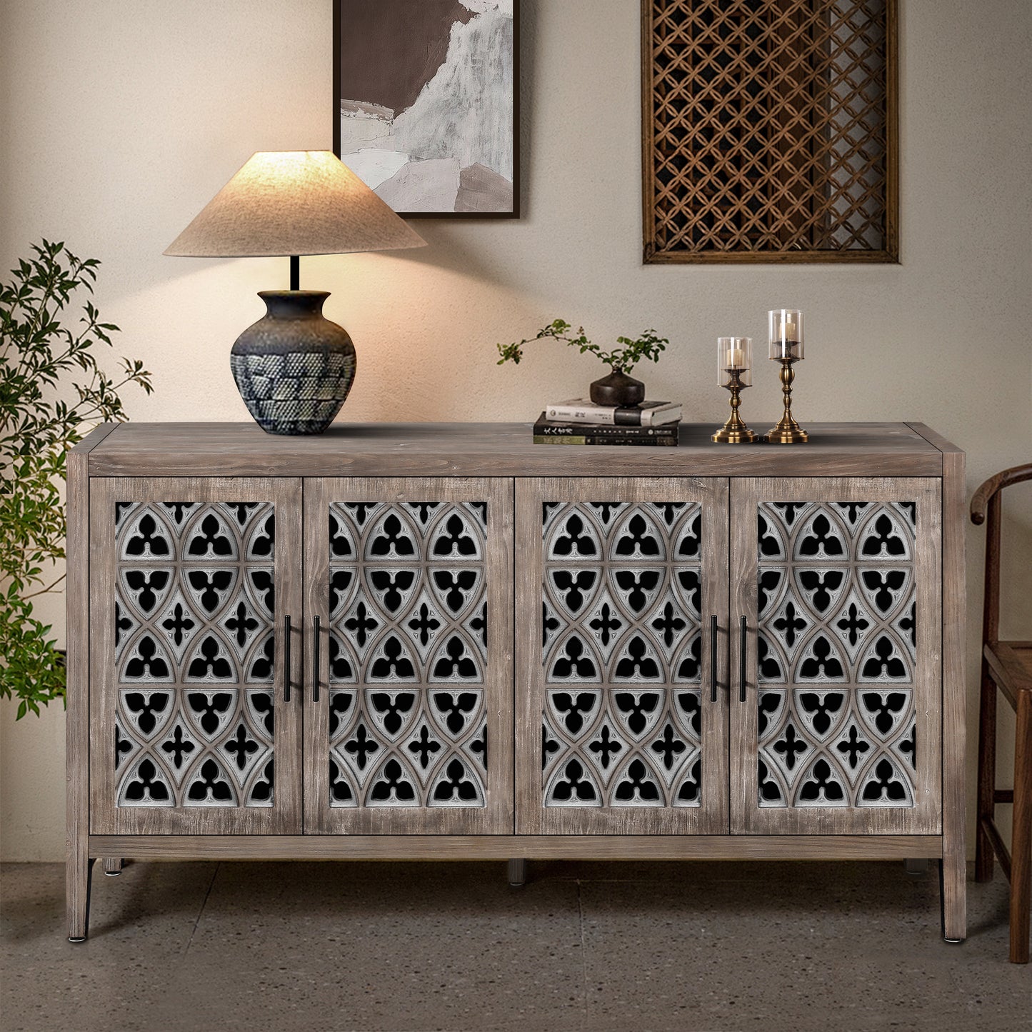 Wooden sideboard with arabesque patterned doors