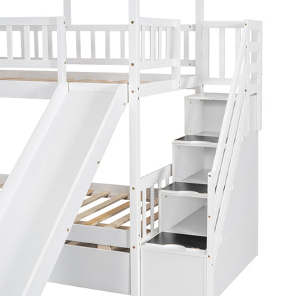 Twin House bunk bed with trundle bed and pull-out storage stairs.