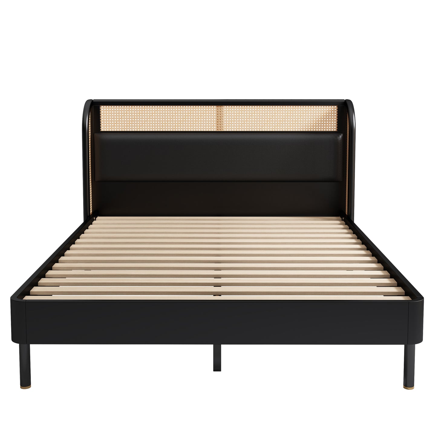 Moderna cama tamaño queen con plataforma de madera de ratán color negro