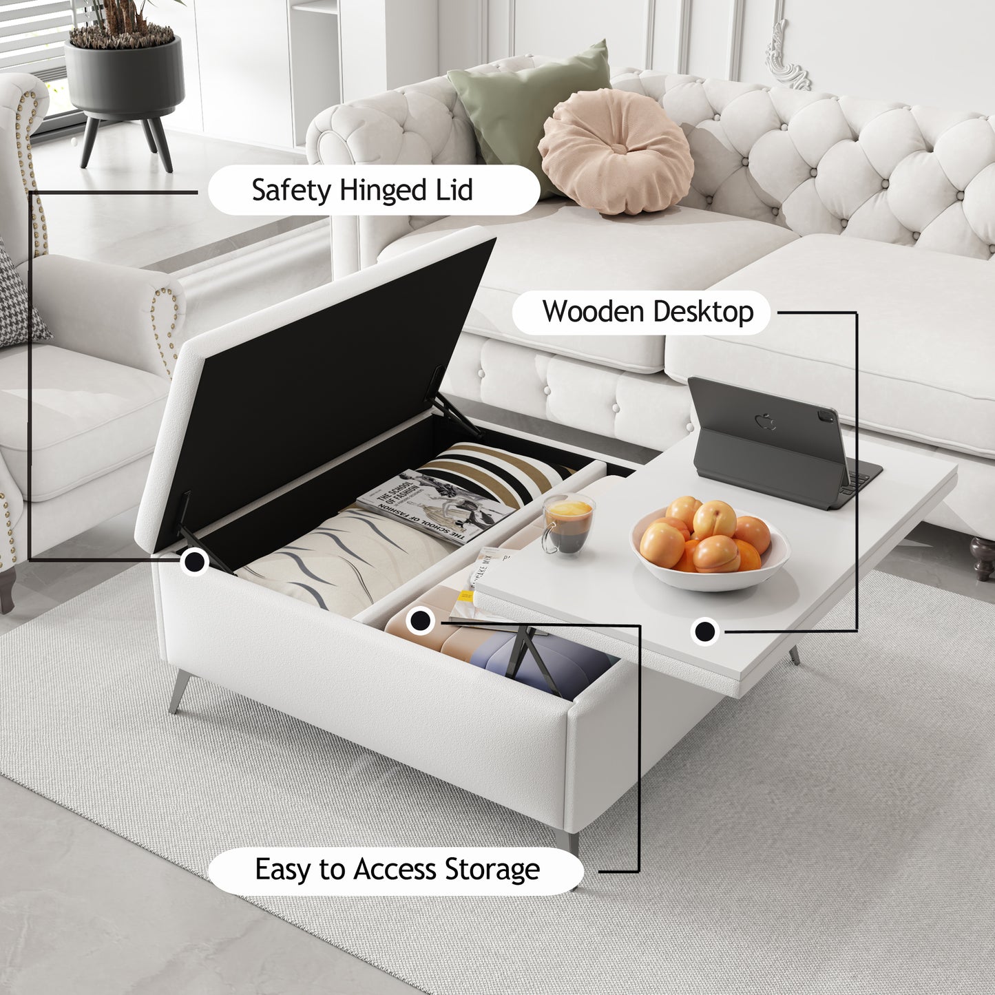 Table basse de style banc de rangement.