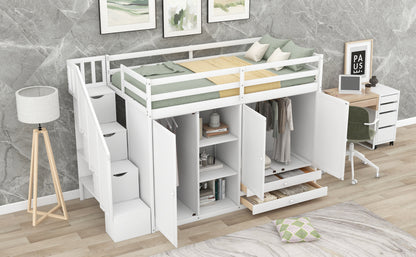 Functional loft bed with 3 shelves, 2 wardrobes and 2 drawers, ladder with storage.