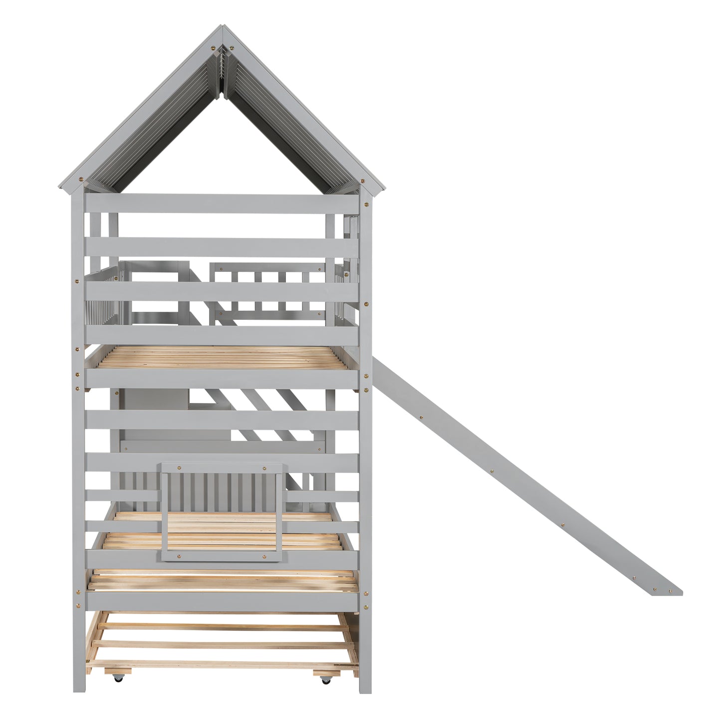 Twin House bunk bed with truncated and sliding storage staircase.