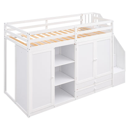 Functional loft bed with 3 shelves, 2 wardrobes and 2 drawers, ladder with storage.