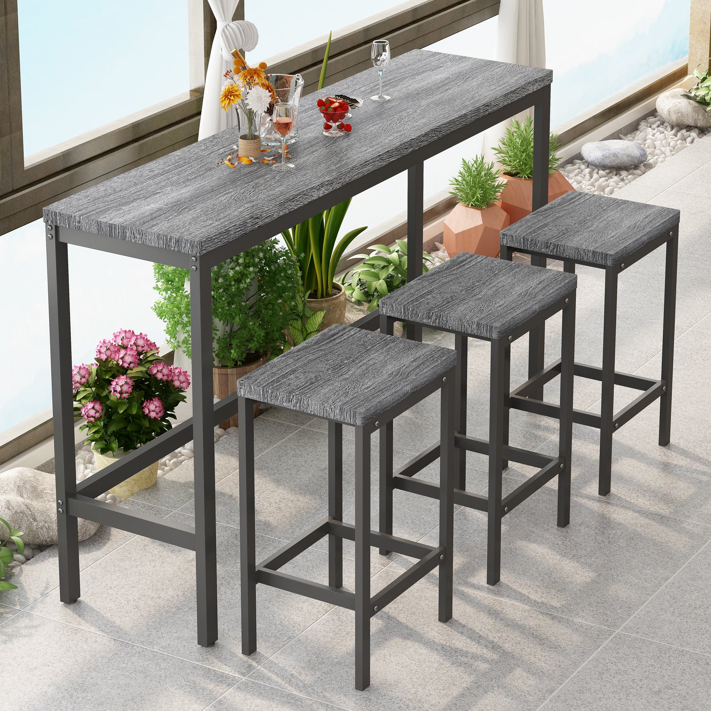 Modern Dining Table Pub Table Long Dining Table with 3 Stools