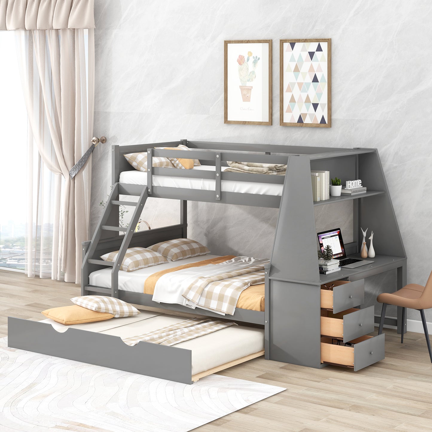 Double bed over full bunk bed with built-in tronde and desk, three storage drawers.