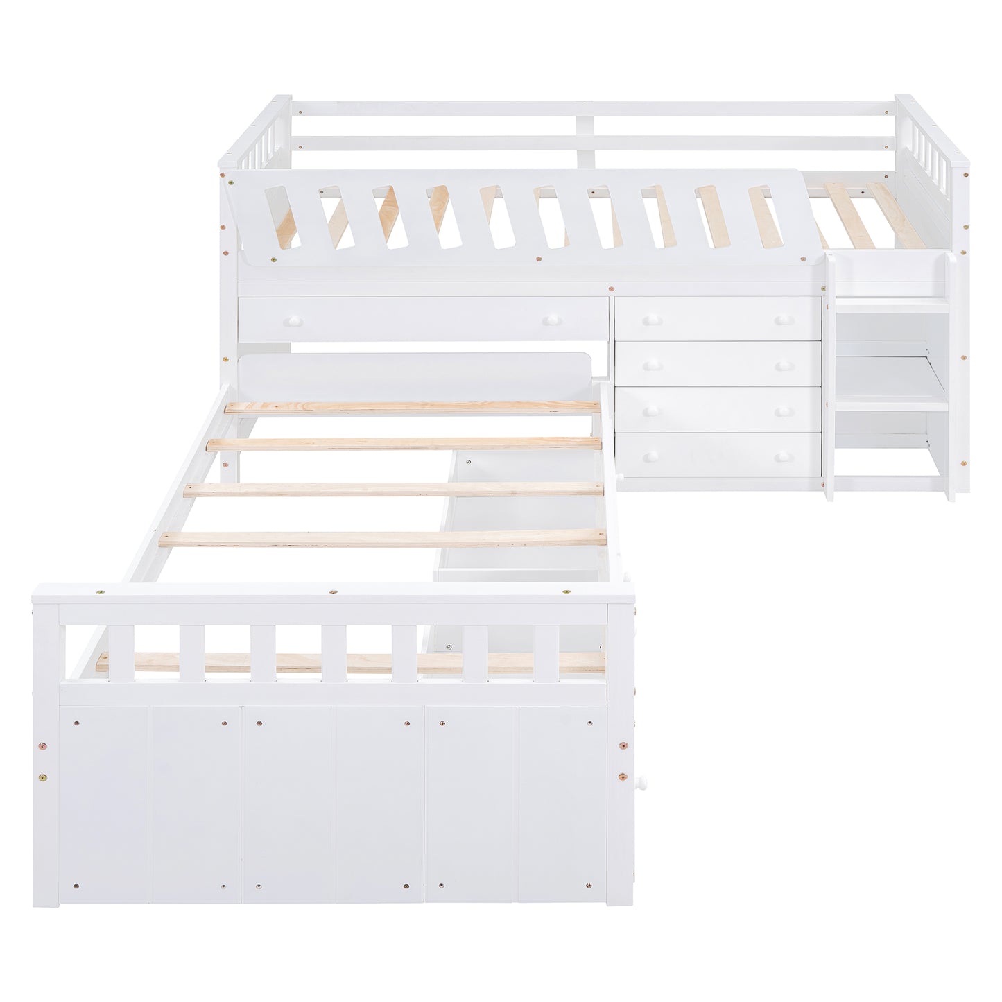 L-shaped double loft bed with 7 drawers and full guardrails.