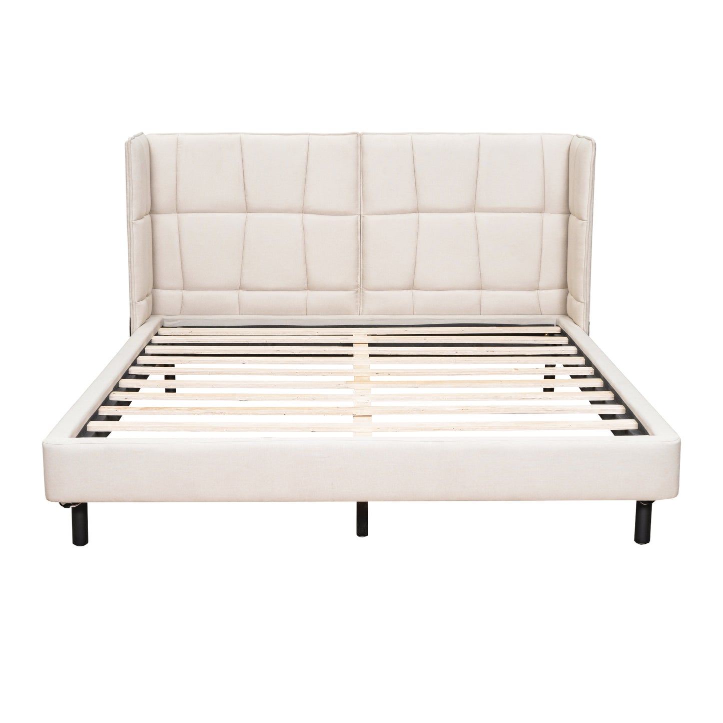 Cama Queen Size con plataforma tapizada, luces LED y cabecero en forma de U, tela de lino, color beige