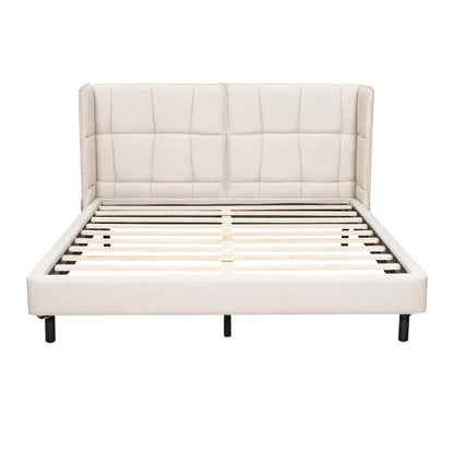 Cama Queen Size con plataforma tapizada, luces LED y cabecero en forma de U, tela de lino, color beige