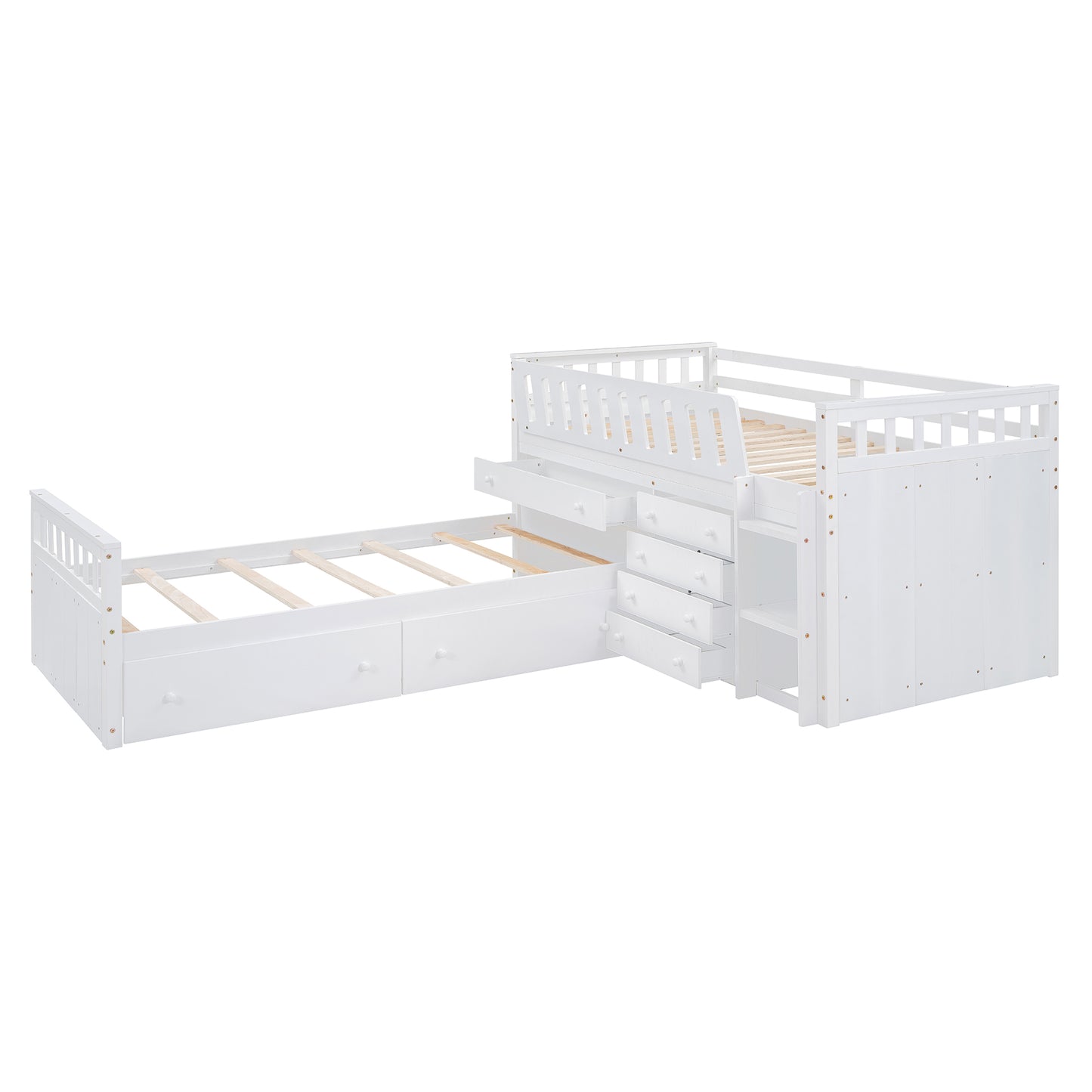 L-shaped double loft bed with 7 drawers and full guardrails.