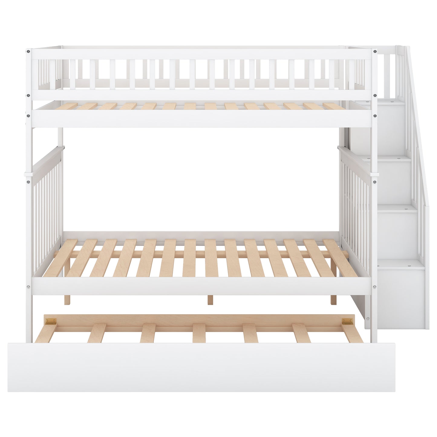 Full bed with trundle bed and white staircase