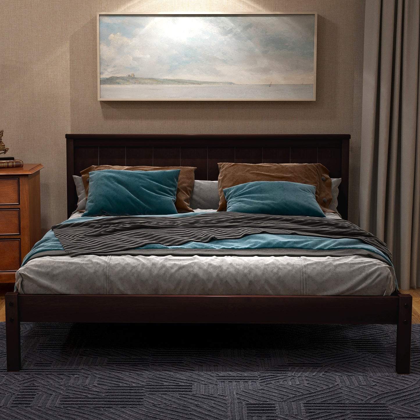 Platform bed frame with headboard.